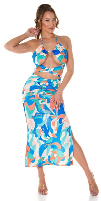 Sexy caribbean look halter jurk met print blauw